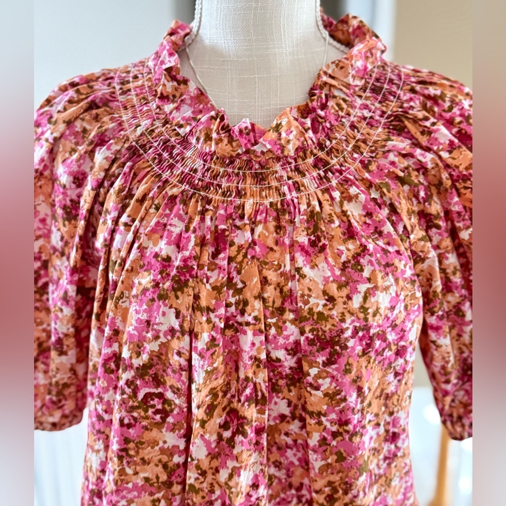J. Crew Smocked Neck‎ Blouse With Puff-Sleeves In Faded Floral Print, Size M